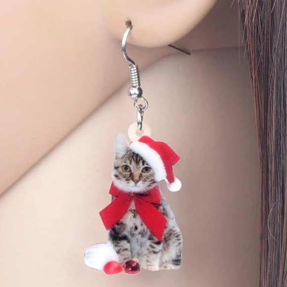 Christmas Cat with Bow Ornament Acrylic Earrings - Picture 3 of 6